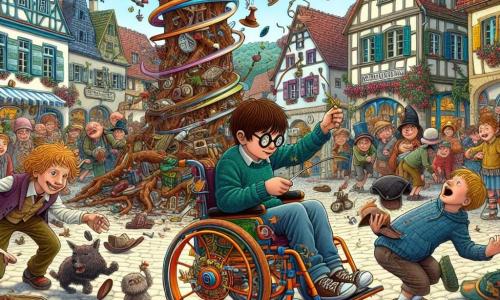 Es gibt zwei Hauptfiguren: Linus, ein 11-jähriger Junge mit zerzausten Haaren und runden Brillen, der konzentriert in der Mitte steht und eine große magische Feder hält, die über seiner Hand schwebt. Neben ihm sitzt Max, sein bester Freund, ebenfalls 11 Jahre alt, mit einem schelmischen Lächeln in einem bunten Rollstuhl, der mit lustigen Gadgets ausgestattet ist, und lacht, während er versucht, einen vom Wind davongetragenen Hut zu fangen. Die Szene spielt auf einem belebten Platz im Dorf Schnurrlingen, umgeben von bunten Häusern und leuchtenden Blumen. Im Hintergrund steht ein großer, knorriger Baum, unter dem eine kleine Zauberhütte steht, die der Umgebung einen Hauch von Magie verleiht. Die Hauptsituation zeigt Linus, der einen Zauber wirkt, aber anstelle der schwebenden Feder erschafft er einen Wirbel aus fliegenden Objekten – Hüte, Blätter und sogar einen kleinen Hund –, die in die Luft steigen und das Gelächter der umstehenden Kinder hervorrufen.