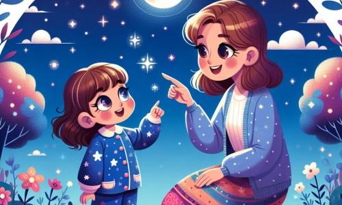 Een 4-jarig meisje, Luna, met lange bruin haar en sprankelende ogen, kijkt verwonderd naar de sterrenhemel. Ze draagt een blauwe pyjama met witte sterren en heeft een lichte glimlach op haar gezicht, wat laat zien dat ze zowel nieuwsgierig als moedig is. Naast haar zit haar moeder, een vrouw van ongeveer 30 jaar met kastanjebruin haar en een warme glimlach, die zich bukt om op ooghoogte met haar dochter te zijn. Ze draagt een comfortabele trui en een kleurrijke rok, en wijst naar een heldere ster aan de hemel, wat Luna aanmoedigt om de schoonheid van de nacht te waarderen. De locatie is een vredige tuin, verlicht door het zachte maanlicht, met kleurrijke bloemen die zachtjes opengaan en bomen die dansen in de wind. De lucht is diepblauw, bezaaid met fonkelende sterren die het nachtlandschap verlichten. De belangrijkste situatie toont Luna en haar moeder zittend op een deken, omringd door de zachte duisternis van de nacht, terwijl Luna verwonderd ontdekt dat zwart mooi en troostend kan zijn, en leert haar angst voor het donker te overwinnen dankzij de liefde en steun van haar moeder.