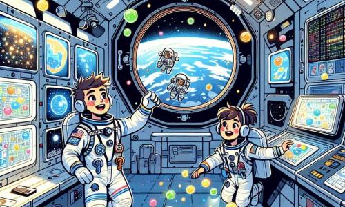 Max, ein etwa 30-jähriger Astronaut, schwebt schwerelos im Inneren der Internationalen Raumstation (ISS). Er trägt einen weißen Raumanzug mit bunten Details und lächelt begeistert, während er farbige Wasserblasen beobachtet, die um ihn tanzen. In der Nähe nimmt eine 28-jährige Astronautin mit braunen, zu einem Pferdeschwanz gebundenen Haaren Notizen an einem schwebenden Computer, mit einem konzentrierten und begeisterten Ausdruck. Ein 10-jähriger Junge, der auf einem Kommunikationsbildschirm erscheint, hat leuchtende Augen vor Aufregung und hört Max aufmerksam zu, während er eine Zeichnung der Erde hält. Das Innere der ISS ist mit Kontrollpaneelen, Fenstern, die auf den schwarzen, sternenübersäten Weltraum blicken, und verschiedenen schwebenden wissenschaftlichen Geräten gefüllt. Die Wände sind mit Fotos von der Erde und dem Weltraum geschmückt, was eine faszinierende und inspirierende Atmosphäre schafft. Die Hauptsituation zeigt Max, der Kindern auf der Erde erklärt, wie er wissenschaftliche Experimente in der Schwerelosigkeit durchführt, während er mit farbigen Wasserblasen spielt, die die Magie der Wissenschaft und das Staunen über die Weltraumforschung symbolisieren.