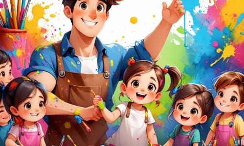 Max, a young man with messy brown hair and paint-splattered clothes, stands in the center of the scene, a broad smile on his face and eyes shining with excitement as he guides a group of children in creating a beautiful mural. To his right, Lily, a freckled little girl with brown hair in two braids, raises her hand enthusiastically, holding a brush in the other, ready to add colorful flowers to the mural. To his left, an 8-year-old boy in a baseball cap watches in awe, wide-eyed, while holding a bucket of blue paint. The scene takes place in front of a large white wall at the Artville community center, where splashes of bright colors are starting to take shape, depicting a magical world filled with music, dance, and creativity. In this main situation, Max and the children joyfully collaborate, each adding their personal touch to the mural, transforming the wall into a vibrant work of art that celebrates imagination and teamwork.