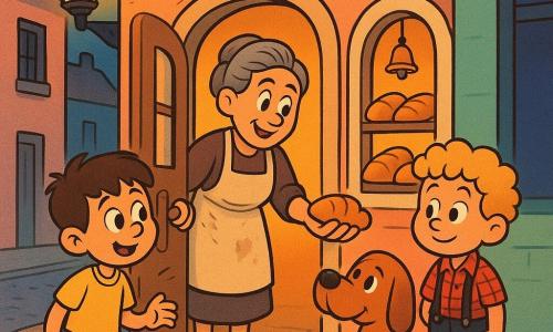Há 4 personagens: dois meninos de 5 anos — um de cabelos castanhos curtos, camiseta amarela e shorts azuis, segurando um caderno ilustrado e tocando a maçaneta da padaria; outro de cabelos loiros e cacheados, camisa xadrez com suspensórios, segurando um saco de papel com um pão, ligeiramente atrás e à direita do primeiro —; uma mulher de ~40 anos, a padeira, cabelos grisalhos presos, avental bege com farinha, abrindo a porta com gesto acolhedor e oferecendo um pão amanteigado, na soleira; e um grande cão ruivo de olhos meigos, sentado à frente como guia, cabeça inclinada e rabo baixo. Local: rua de bairro colorida ao crepúsculo, fachadas em tons pastel, calçamento de pedras com migalhas formando um caminho luminoso, vitrine arredondada de padaria em madeira creme com pães dourados e sininho, lâmpada na entrada com luz quente. Situação: os dois pequenos aventureiros chegam à padaria guiados pelo cão; encontro caloroso e mágico — padeira oferecendo pão, meninos sorrindo, caderno visível, migalhas em trilha; cores saturadas, contornos sinuosos no estilo rubber hose, expressões exageradas e gestos amigáveis.