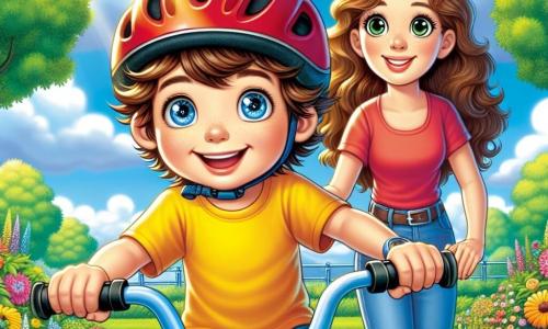 Um menino de 6 anos, com cabelos castanhos bagunçados e grandes olhos brilhantes, está sentado em sua bicicleta azul, exibindo um sorriso radiante e bochechas coradas de orgulho. Ele veste uma camiseta amarela vibrante e um short azul, e seu capacete vermelho está bem ajustado na cabeça. Ao lado dele, sua mãe, uma mulher de cerca de 30 anos com cabelos castanhos ondulados, o incentiva com um sorriso caloroso, com as mãos na cintura, de pé na calçada. O local é um parque ensolarado, repleto de flores coloridas e árvores verdes, com um céu azul claro salpicado de nuvens brancas e fofas. A cena principal mostra o menino, pronto para pedalar, com uma expressão de determinação e alegria, enquanto sua mãe o encoraja a decolar em sua nova bicicleta.