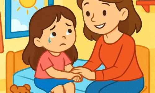 Uma menina de 4 anos, Sofia, com longos cabelos castanhos e olhos brilhantes, sentada em sua cama. Seu rosto mostra uma expressão de tristeza, com lágrimas nos cantos dos olhos, enquanto ela olha pela janela. Ao lado dela, sua mãe, uma mulher doce de cerca de 30 anos, com cabelos castanhos e um sorriso reconfortante, segura sua mão e fala com ternura. O quarto é iluminado, com paredes pintadas de amarelo pastel, brinquedos coloridos espalhados pelo chão e um grande sol brilhando pela janela. A situação principal mostra Sofia, um pouco triste, buscando conforto em sua mãe, enquanto se sente perdida em suas emoções.