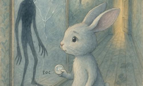 Rigo, un piccolo coniglio antropomorfo dalla pelliccia grigio perla, grandi orecchie leggermente reclinate, occhi rotondi e lucidi, espressione ansiosa e determinata, in piedi sulle due zampe che stringe un bottone in madreperla nella zampa anteriore destra; un'Ombra alta e sottile riflessa in un grande specchio incrinato, forma indefinita ma con lunghe mani dalle dita affilate che battono il pavimento, fredda e insistente, presente solo nel riflesso; in fondo una porta socchiusa da cui fuoriesce una luce calda miele, simbolo di speranza; luogo: lungo corridoio interno con carta da parati floreale sbiadita, applique antiche tremolanti, pavimento in assi di legno con tracce di fuliggine e impronte, tinte grigio‑blu, verde menta pallido e accenti miele; situazione: Rigo davanti allo specchio incrinato chiude gli occhi e volge leggermente la testa per non guardare il riflesso mentre l'Ombra nel vetro lo osserva e batte piano il pavimento (toc), la luce delle lampade fa brillare la madreperla del bottone e crea riflessi bianchi lungo i bordi dello specchio; atmosfera visiva: contrasto morbido fra ombre lunghe e lavatura acquerellata, trama della carta visibile e piccole macchie di pittura a rappresentare polvere e fuliggine, prospettiva leggermente inclinata per un senso di straniamento senza spavento.