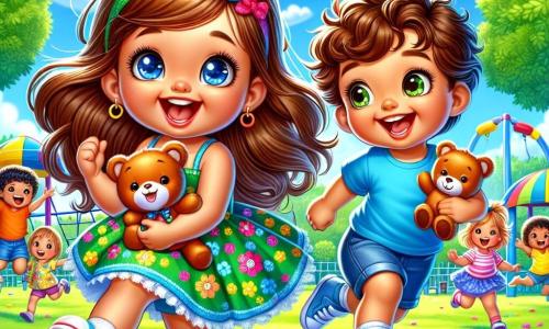 Una bambina di 4 anni, Sofia, con lunghi capelli castani e occhi scintillanti di gioia, corre in un campo verde, tenendo un orsacchiotto colorato tra le braccia. Indossa un vestito a fiori luminosi e un grande sorriso sul volto, che irradia eccitazione. Accanto a lei, un bambino di 5 anni, Leo, con capelli ricci e una maglietta blu, salta felicemente con le braccia alzate verso il cielo. Ha un sorriso radioso, condividendo l'entusiasmo di Sofia. Il luogo è un centro estivo all'aperto, circondato da alti alberi con foglie verdi, con un cielo blu brillante punteggiato da alcune nuvole bianche e soffici. Giochi colorati, come altalene e scivoli, sono visibili sullo sfondo, aggiungendo un'atmosfera festosa. La scena principale mostra Sofia e Leo che giocano insieme, correndo e ridendo nell'erba, mentre altri bambini si divertono intorno a loro, creando un'atmosfera gioiosa e piena di vita.