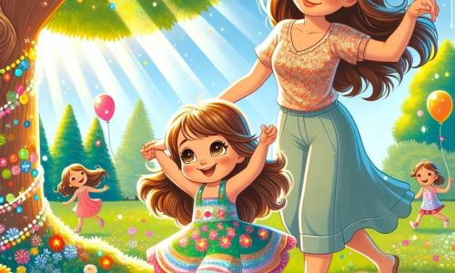Una bambina di 4 anni, Sofia, con lunghi capelli castani e occhi vivaci, sorride gioiosamente mentre danza in un parco soleggiato. Indossa un vestito colorato con motivi floreali e sandali. Accanto a lei, sua madre, una donna sulla trentina con capelli castani e un sorriso dolce, la incoraggia alzando le braccia. Indossa una blusa leggera e pantaloni comodi, stando vicino a un albero maestoso con foglie brillanti al sole. Il parco è pieno di fiori vivaci, grandi alberi verdi e bambini che giocano intorno. Palloncini colorati fluttuano nell'aria, aggiungendo un tocco di magia alla scena. Sofia, piena di gioia, danza con i suoi amici, celebrando la sua guarigione e la forza dell'amore che la circonda, mentre sua madre la osserva con orgoglio e tenerezza.