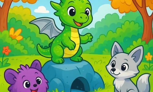 Dori, a small dragon with shiny green scales and silver wings, stands proudly atop a blue stone hill, eyes sparkling with excitement and determination. Next to him, Mip, a purple ball of fur with big eyes and ears, joyfully rolls around, displaying an encouraging smile. Liri, a three-tailed silver fox, curiously watches with intelligent and compassionate eyes, sitting near a dark hole from which a whisper of water escapes. The setting is a lush forest with trees bearing golden leaves and vibrant flowers, while a sparkling stream winds through the landscape. The main scene shows Dori and his friends building soft walls to guide the river's water, united in their adventure to save the forest.