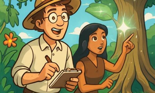 A man, Dr. Jacob Marlowe, is at the center of the image, with messy brown hair and round glasses, displaying an expression of wonder and determination. He is wearing a beige linen long-sleeve shirt, green cargo pants, and a wide straw hat. Next to him is Asha, a young woman around 25 years old with long black hair, dressed in a leather tunic and light pants, carefully observing a colossal tree with shimmering leaves, standing slightly back, ready to assist him. The setting is a lush jungle, with hanging vines, colorful flowers, and a blue sky dotted with white clouds. In the center, a majestic tree shines with silver light, its roots extending like arms toward the ground, surrounded by a small sunlit clearing. The main scene shows Jacob, amazed, taking notes in a notebook, while Asha points to a glowing leaf, revealing a moment of discovery and exploration.