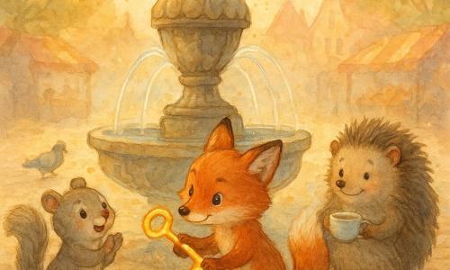 Pip, the small red fox hero with bright eyes and textured fur, leans toward a keyhole at the base of a stone fountain while holding a ribbon-of-golden-light key; to his left Nibble, a gray-brown squirrel with round cheeks, stands on the rim applauding, and to his right Grandma Bristle, a gentle elderly hedgehog, watches with a steaming teacup; the fountain, carved like an acorn and leaves, sends thin arcs of sparkling water and tiny rainbows into a shallow basin, set in a pastel village square of uneven cobbles and soft watercolor market stalls, lit by a golden dawn that makes the key glow and casts warm highlights for a joyful, tender, whimsical scene centered on the key and fountain.