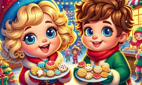 A 7-year-old girl named Lily, with sparkling blue eyes and curly golden hair, joyfully smiles while holding a plate of snowflake-shaped cookies. She wears a bright red coat and a sparkling blue hat, standing in the center of the scene, radiating excitement. Next to her, her friend Ben, a 7-year-old boy with messy brown hair and rosy cheeks, has a mischievous smile while holding a plate of colorful cookies. He stands slightly behind, ready to share his treats with others. In the background, the Frosty Hollow winter market is lively, with stalls decorated with lights and snowflakes. Sparkling lanterns illuminate the scene, while children play in the snow, creating a festive and warm atmosphere. The main situation shows Lily and Ben, surrounded by smiling villagers, sharing their delicious Christmas creations and telling stories about winter traditions, all in a joyful and friendly ambiance filled with laughter and happiness.