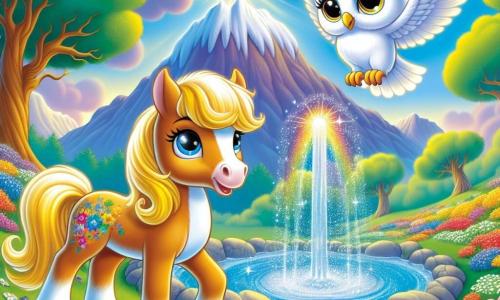 Um magnífico cavalo chamado Estrela, com um pelo dourado brilhante e olhos cintilantes, está orgulhosamente à beira de uma fonte mágica, sua expressão cheia de determinação e alegria. Ao seu lado, uma coruja chamada Luz, com penas brancas brilhantes e olhos sábios, voa levemente acima dele, suas asas abertas, pronta para encorajá-lo. A cena acontece no topo de uma montanha, cercada por flores coloridas que dançam ao vento e árvores majestosas com folhas verdes brilhantes. A fonte, cintilante como um arco-íris, jorra com força, iluminando a paisagem ao redor. Estrela e Luz, unidos por sua coragem e amizade, trabalham juntos para liberar a fonte mágica, trazendo a água tão esperada para sua floresta encantada.
