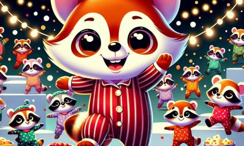 Um pequeno raposo chamado Rafi, com pelagem ruiva brilhante e grandes olhos curiosos, dança alegremente no meio de uma festa, vestindo um adorável pijama listrado. Ele sorri, mostrando o quanto está se divertindo. Ao seu redor, vários pequenos guaxinins, cada um em pijamas coloridos, pulam e dançam. Um deles, um guaxinim listrado com óculos, ri enquanto toca tambores feitos de tampas de panela, enquanto uma guaxinim de bolinhas, com tranças, aplaude sorrindo, cheia de entusiasmo. A cena acontece em um buraco de rato decorado com guirlandas de queijo e balões coloridos, com luzes brilhantes que criam uma atmosfera festiva. No fundo, há pequenas mesas cheias de guloseimas e queijo. A situação principal mostra Rafi, o raposo, no meio da dança, cercado por seus amigos guaxinins, todos se divertindo juntos em um ambiente alegre e amigável, celebrando sua festa do pijama.