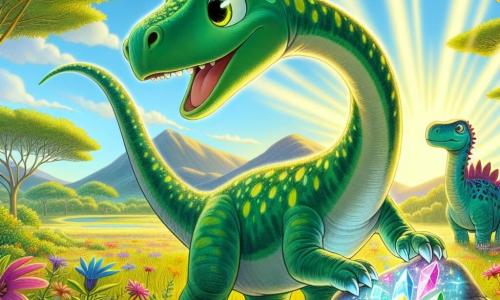 Dipo, ein junger Diplodocus mit grünen Schuppen und einem langen, eleganten Hals, steht im Mittelpunkt des Bildes mit einem neugierigen und erstaunten Blick auf seinem Gesicht. Seine großen Augen glänzen vor Aufregung, während er einen geheimnisvollen, schimmernden, bunten Stein zu seinen Füßen entdeckt. In der Nähe beobachtet Stella, eine Stegosaurierin mit bunten Rückenschildern, Dipo mit einem ermutigenden Lächeln, ihre Augen funkeln vor Freundschaft. Sie steht etwas im Hintergrund und ist bereit, ihrem Freund auf diesem Abenteuer zu helfen. Die Szenerie ist eine weite, lichtdurchflutete Ebene, gespickt mit großen Bäumen mit üppigem Laub, und in der Ferne sind Berge unter einem strahlend blauen Himmel zu sehen. Bunte Blumen blühen um sie herum und verleihen der Umgebung einen Hauch von Magie. Die Hauptsituation zeigt Dipo, der den leuchtenden Stein berührt, während ein sanftes Licht von ihm ausgeht und seinen Körper umhüllt, was den Beginn eines unglaublichen Abenteuers symbolisiert, in dem er die Fähigkeit entdecken wird, mit anderen Dinosauriern zu kommunizieren.