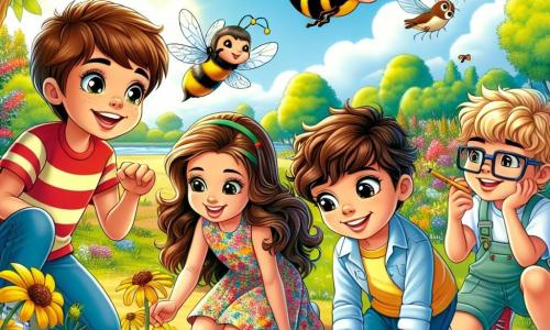 En un parque en plena floración, cuatro niños están reunidos para explorar la naturaleza. Lucas, un niño de 12 años con cabello castaño y ojos brillantes, observa una abeja en una flor amarilla con una gran sonrisa. A su derecha, Valentina, una niña de 12 años con cabello largo y negro, lleva un vestido colorido e imita el vuelo de una abeja, con los brazos extendidos. En el centro, Sofía, una niña de 12 años con cabello castaño y rizado, está agachada dibujando un canario en su cuaderno, concentrada y feliz. Por último, Mateo, un niño de 12 años con gafas y cabello rubio, se inclina para observar un escarabajo en el suelo con curiosidad. El parque es vibrante con colores primaverales, árboles en flor, hierba verde y mariposas danzando en el aire. El cielo es de un azul brillante, salpicado de nubes blancas y esponjosas, y el canto de los pájaros resuena a su alrededor. Los niños se divierten descubriendo insectos y aves, aprendiendo juntos la importancia de la naturaleza mientras juegan y ríen, creando recuerdos inolvidables bajo el sol primaveral.