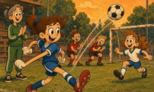 Sofía, niña de unos 11 años, feliz y concentrada, sonrisa amplia y ojos brillantes, pelo castaño recogido en coleta, camiseta azul y zapatillas de fútbol rojas, pasa con precisión con el pie derecho; Lili, otra niña de ~11 años, emocionada y sorprendida, rizos castaño claro, camiseta blanca con ribete azul, recibe el balón a pocos metros y prepara el tiro; la entrenadora señora Vega (~45), afable y orgullosa, pelo canoso recogido, ropa deportiva verde, aplaude desde la banda; al fondo dos chicos adversarios (~12) con camisetas rojas aplauden cerca de la portería; pequeño campo de barrio al atardecer, césped verde, porterías metálicas blancas algo gastadas, gradas de madera y árboles con farolas bajas, cielo naranja melocotón; momento del pase decisivo con el balón en el aire entre ambas, trayectoria curva visible, sensación dinámica y alegre, ambiente de equipo y juego limpio, colores saturados y formas redondeadas al estilo rubber hose.