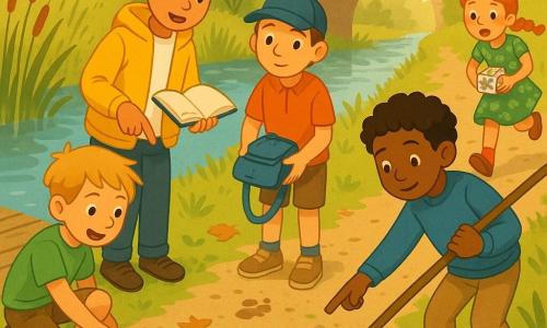 Vijf kinderen bij een kanaaloever overdag: Levi (10) met kort bruin haar en felgele jas houdt een open schrift en wijst naar een afdruk op de grond; Joris (9) met warrig blond haar en groen shirt hurkt en wijst naar een modderige afdruk bij de oever; Amir (9) met krullend zwart haar en blauw trui houdt een lange stok en leunt over het water; Stan (10) met kastanjebruin haar en blauwe pet staat bij de oever met een natte blauwe tas in zijn handen en een opgelucht gezicht; Evi (9) met rood gevlochten haar en groen gebloemde jurk rent van achteren aan met een klein bloemenblikje en ziet er beschaamd uit; locatie: houten kade, hoog gras en riet, blauwegroene waterreflecties, stenen brugboog op de achtergrond; situatie: ontdekking van de natte blauwe tas op het gras, jongens kijken verrast en opgelucht terwijl Evi eraan komt om het uit te leggen, levendige kleuren en eenvoudige heldere texturen.