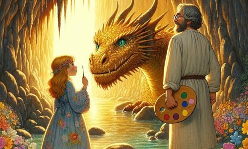 Isabella, o fetiță de 12 ani cu părul auriu și ochi albaștri, stă curajos în fața unui dragon măreț. Poartă o rochie ușoară dintr-un material colorat, împodobită cu motive florale, iar fața ei exprimă atât determinare, cât și uimire. Lângă ea, Leonardo, un bărbat de aproximativ 35 de ani cu o barbă îngrijită și ochelari rotunzi, observă dragonul cu curiozitate. Poartă o tunică din in și ține o paletă de vopsea într-o mână, în timp ce cealaltă mână este ridicată în semn de pace. Scena se desfășoară la intrarea unei peșteri misterioase, unde lumina aurie a soarelui filtrează prin deschidere, iluminând pereții umizi și strălucitori ai stâncii. Flori colorate înconjoară intrarea peșterii, adăugând o notă de magie mediului. Isabella și Leonardo se confruntă cu dragonul, care are solzi strălucitori ca aurul și ochi verzi strălucitori. Dragonul îi privește cu o expresie binevoitoare, pregătit să le dezvăluie un secret vechi.