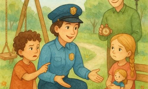 Una poliziotta sorridente di circa 30 anni, capelli corti castani, uniforme azzurro chiaro con distintivo, inginocchiata vicino a un’altalena di legno parla con calma ai bambini con espressione calda e mani aperte; un bambino di circa 6 anni, capelli mossi castani, contrariato ma curioso, a sinistra indica la corda guardando la poliziotta; una bambina di circa 5 anni, capelli biondi lunghi in treccia, inizialmente accigliata ma ormai più serena, seduta su una panchina con una bambola volta verso la poliziotta; un mediatore uomo di circa 35 anni in abito casual verde sorride dietro i bambini offrendo un cronometro di legno per favorire i turni; il parco è luminoso con prato verde, fiori, alberi, sentiero di ghiaia, lampione in ferro battuto e cielo azzurro; situazione: risoluzione di un piccolo conflitto per l’altalena — la poliziotta organizza i turni dolcemente, i bambini iniziano a sorridere e a tenersi per mano in un clima di aiuto e gioco.