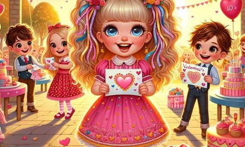 A 10-year-old girl named Lily stands in the center of the image, with sparkling eyes and a radiant smile. She wears a pink dress adorned with small hearts and has pigtails tied with colorful ribbons. Lily is handing out Valentine's cards to her friends, her face beaming with excitement and joy. To her right, Jake, a 10-year-old boy with messy brown hair, holds a card decorated with fun drawings. He has a big smile and seems eager to share his card. To the left, Emma, a 9-year-old girl with golden curls and a polka dot dress, laughs while holding a heart-shaped candy box, ready to share it with her classmates. The scene takes place in a sunny schoolyard, decorated with colorful garlands and heart-shaped balloons floating in the air. Tables are covered with cakes, cupcakes, and treats, creating a festive and joyful atmosphere. Lily and her friends are preparing for their Valentine's Day party, exchanging cards and candies, surrounded by laughter and happiness, illustrating the spirit of friendship and sharing on this special day.