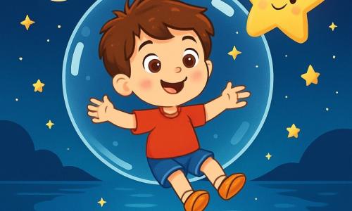 Un niño de 6 años, con cabello castaño desordenado y ojos brillantes de curiosidad, flota en una gran burbuja transparente sobre un lago resplandeciente. Tiene una sonrisa maravillada y sus brazos están abiertos, como si abrazara el cielo estrellado a su alrededor. Cerca, una estrella sonriente, con ojos suaves y luz dorada, brilla y parece bailar, añadiendo un toque mágico a la escena. El lugar es un cielo nocturno profundo, salpicado de estrellas brillantes y un creciente de luna plateada, mientras que abajo, el lago refleja la luz de las estrellas como un espejo. La superficie del agua está tranquila, con suaves ondulaciones que crean círculos luminosos. La situación principal muestra al niño flotando pacíficamente en su burbuja, rodeado de sueños coloridos que escapan del lago, mientras una melodía suave e invisible parece envolver el aire, creando una atmósfera de serenidad y magia.