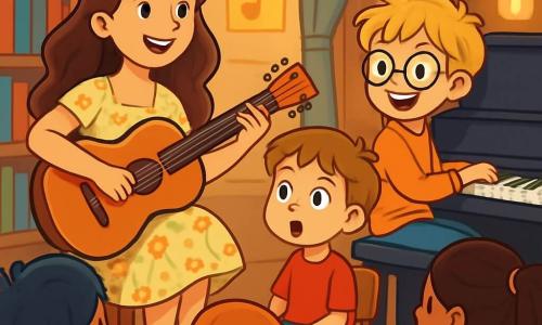 A young woman named Mira, with long wavy brown hair and a warm smile, is sitting on a wooden stool, holding a shiny guitar. She wears a light floral-patterned dress, and her eyes sparkle with excitement and sweetness as she prepares to sing. Next to her, a boy named Tomas, around 10 years old, with messy blonde hair and round glasses, enthusiastically plays the piano, his fingers dancing over the black and white keys. A little boy, about 7 years old, wearing a red t-shirt and blue pants, sits in the front row, wide-eyed and captivated by the music. The setting is a small concert hall in a library, with walls adorned with colorful books and soft lights illuminating the stage. Children, wrapped in blankets, sit on wooden chairs, listening attentively, while a warm and welcoming atmosphere fills the room. The main scene shows Mira singing a gentle melody, her voice rising into the air like a light feather, as the children listen in wonder, creating a magical moment of sharing and music.