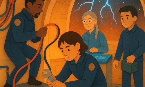 A 28-year-old female pilot with short brown hair and a calm, determined expression in a midnight-blue spacesuit with worn patches crouches repairing an electrical conduit, holding a silver wrench as warm light falls on her face; a 35-year-old male technician with short black hair and a short beard stands on a metal catwalk to her left, focused as he passes a spare cable to her; a 40-year-old female scientist with thin glasses and braided gray hair watches from a lit console behind the pilot, fingers on touchscreens and offering encouraging calm; a 30-year-old male veterinarian with a gentle face stands slightly back near an open hatch holding a small toolbox, ready to help. The scene is inside a dome-shaped space observatory on Titan with curved cream-and-orange painted metal walls, hanging colored cables, miniature solar panels visible through a small porthole, amber-and-blue ambient light, scattered grease spots and tools; an urgent repair during an electrical storm with stylized lightning arcing across a window and orange particle rain, conveying calm tension, practical courage, and teamwork.