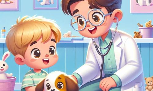 Um veterinário homem, Dr. Rafael, sorridente e gentil, usa um jaleco branco e um estetoscópio ao redor do pescoço. Ele tem cabelos castanhos e óculos redondos, e está agachado, examinando um filhote de cachorro com grandes orelhas, que parece alegre e curioso. Ao lado dele, Lucas, um menino de cinco anos com cabelos loiros e olhos brilhantes, segura um urso de pelúcia nos braços, observando atentamente o veterinário com um sorriso encantado. A cena acontece em uma clínica veterinária iluminada e acolhedora, com paredes pintadas de azul pastel, cartazes de animais fofos e brinquedos para animais espalhados pelo chão. Dr. Rafael explica com entusiasmo como cuidar dos animais, enquanto Lucas escuta com fascinação, os olhos bem abertos, pronto para aprender todos os segredos para fazer os animais felizes e saudáveis.