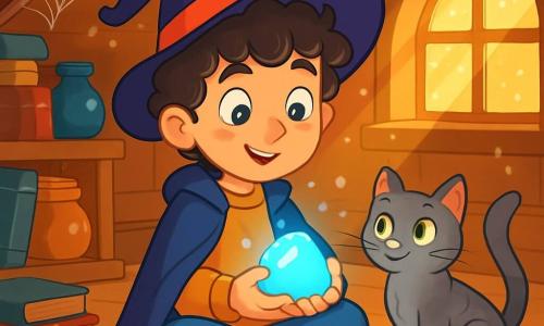 A young wizard named Eliot, a 10-year-old boy with curly hair and stormy gray eyes, is sitting cross-legged on the floor of his attic. His face shows curiosity and wonder as he holds a shining stone in his hands, illuminated by a soft blue glow. Beside him, a gray cat named Fig, with sparkling green eyes, lazily stretches, watching her friend with an attentive expression. In the background, the attic is filled with old books, mysterious jars, and shimmering cobwebs, with a beam of golden light filtering through a dusty window. The main scene depicts Eliot discovering the magic of patience, mesmerized by the glowing stone that seems to vibrate with energy, while dust motes dance around them, creating an enchanted atmosphere.