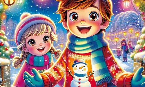 Een 8-jarige jongen, Timo, met kastanjebruin haar en sprankelende ogen, staat in het midden van het podium met een brede glimlach op zijn gezicht. Hij draagt een rode trui met een sneeuwpopmotief en blauwe handschoenen, terwijl hij een klein cadeaupakket in zijn handen houdt. Naast hem staat zijn 6-jarige zusje Lotte, een meisje met blonde vlechten, die vol verwondering kijkt met nieuwsgierige ogen. Ze is gekleed in een roze jas en een gestreepte sjaal. De scène speelt zich af in een feeërieke tuin, bedekt met een dikke laag glinsterende sneeuw onder de zachte gloed van kleurrijke lampionnen die aan de takken van de bomen hangen. Sneeuwvlokken vallen zachtjes, wat een magische sfeer toevoegt. Timo kondigt enthousiast aan dat hij een kerstschattenjacht heeft voorbereid, terwijl Lotte met grote ogen toekijkt, vol verlangen om de verborgen verrassingen in de tuin te ontdekken.