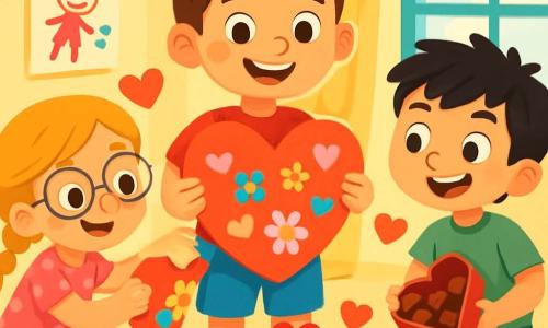 Hay 3 personajes: - Lucas: un niño de 8 años con cabello castaño y ojos brillantes. Lleva una camiseta roja y un pantalón corto azul. Está de pie en el centro, sosteniendo un gran corazón de cartón. - Ana: una niña de 7 años con cabello rubio trenzado y gafas redondas. Lleva un vestido rosa con lunares y está agachada a la izquierda, decorando el corazón con adhesivos coloridos. - Pedro: un niño de 8 años con cabello negro desordenado y una sonrisa traviesa. Lleva una camiseta verde y jeans. Está a la derecha, sosteniendo una caja de chocolates abierta, con chocolates que caen al suelo. La escena ocurre en la casa de Lucas, en una habitación luminosa y acogedora. Las paredes están pintadas de amarillo claro y decoradas con dibujos infantiles. Una gran ventana deja entrar la luz del sol, iluminando una mesa de madera sobre la que hay un hermoso pastel en forma de corazón, rodeado de corazones de papel. Los niños están preparando una sorpresa para el Día de San Valentín, riendo y divirtiéndose, rodeados de corazones coloridos, chocolates y decoraciones alegres, creando una atmósfera festiva y llena de amor.