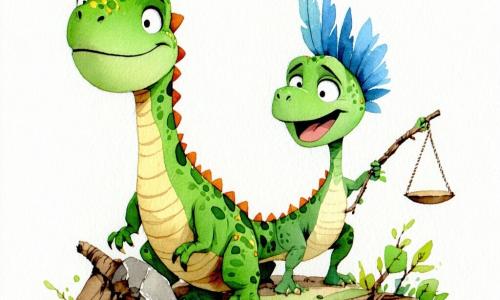 Młody welociraptor Velcia, ciekawy i dumny, patrzy w dół i się uśmiecha, ma zielone łuski przypominające liście, krótkie pióra na ogonie i duże, błyszczące oczy, jedną łapę na starej znalezionej łusce; obok, lekko z tyłu po prawej, stoi Dilo — pomysłowy mały dinozaur z niebieskim grzebieniem i długą szyją, śmieje się i macha gałęzią jak flagą; na wietrznym płaskowyżu są zaokrąglone szare skały, kępy pożółkłej trawy i wirujące suche liście, w tle widać wejście do starej ścieżki ukrytej między gęstymi krzakami; scena odkrycia — Velcia znajduje ukryty stopień prowadzący do sekretnej doliny; miękkie zmierzchowe światło, ciepłe kolory i faktura gwaszu, atmosfera zachwytu i przygody.