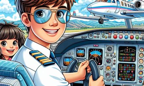 Un pilota sorridente, con capelli castani e occhiali da sole, indossa una tuta da pilota blu brillante. È seduto nella cabina di pilotaggio di un elegante bimotore bianco e blu, con le mani sul volante e un'espressione di eccitazione e orgoglio sul volto. Sullo sfondo, due bambini, un ragazzo di otto anni di nome Luca, con capelli neri disordinati e una maglietta rossa, e una ragazza di sei anni di nome Sara, con lunghi capelli biondi e un vestito rosa, guardano fuori dai finestrini con occhi sgranati, meravigliati dalla vista. La cabina è piena di pulsanti colorati e strumenti brillanti, mentre all'esterno il cielo è di un blu intenso, punteggiato da alcune nuvole bianche e soffici. Sotto di loro si estende un paesaggio magnifico, con montagne maestose e fiumi scintillanti. La scena principale mostra il pilota che sta decollando, pronto a portare i bambini in un'avventura indimenticabile nei cieli, mentre si meravigliano della bellezza del mondo sottostante.