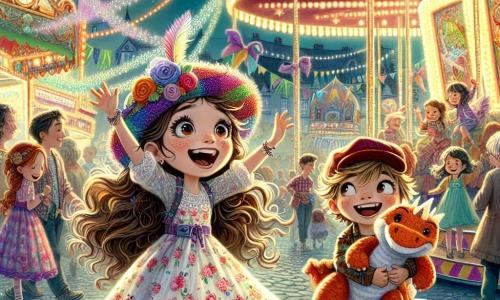An 11-year-old girl, Lila, stands center stage, her eyes sparkling with excitement and a big smile on her face. She has long wavy brown hair adorned with a colorful rainbow hat and wears a light floral-patterned dress. Lila is jumping for joy, arms raised to the sky, surrounded by bright colors. Next to her, Max, an 11-year-old boy with messy blonde hair and a red cap, holds a huge stuffed dragon under his arm. He has a look of wonder and laughter, showing his enthusiasm for the adventure ahead. The setting is an enchanted carnival, with stalls decorated with fairy lights and colorful balloons. Sparkling rides spin in the background as families enjoy themselves and street performers entertain the crowd. The main scene shows Lila and Max discovering a mysterious path lined with twinkling lights leading to a magical carousel filled with fantastic creatures, ready to take them on an incredible adventure.