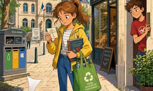 Lia, menina de 12 anos, rosto expressivo, olhos grandes e brilhantes, cabelo castanho claro preso em rabo de cavalo, veste jaqueta amarela e jeans azul, segura uma sacola de reciclagem verde numa mão e um livro de biblioteca sob o outro braço, lê um bilhete com um desenho de guarda-chuva sorridente, expressão curiosa e determinada, postura pronta para partir; Caio, garoto de ~13 anos, cabelos curtos castanhos, camiseta vermelha, aparece atrás da porta do prédio à direita, observando Lia com sorriso malicioso e mão no batente; rua iluminada com calçadas de paralelepípedos, árvores com folhas em aplique verde, padaria com fachada de vidro à direita, eco-ponto metálico à esquerda com pequenas pilhas e recipientes coloridos, biblioteca de pedra clara ao fundo; cena de partida com uma folha de papel soprada pelo vento, luz quente de fim de tarde e sombras longas, atmosfera de descoberta e mistério leve, cores vivas e contornos nítidos em estilo banda desenhada franco-belga.