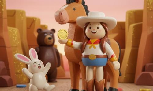 Annie is a smiling, confident female cowgirl wooden figure with a white painted hat, shiny boots and long brown painted hair, proudly holding a small wooden gold coin; Benny is a male wooden horse with a caramel body and black mane standing just behind her supportively; Ruby is a small female wooden rabbit, white with large pink ears, joyfully hopping beside Annie with a paw raised toward the treasure; a secondary male wooden bear, large and dark, stands grumpy but not threatening at the canyon entrance, apart from the group; the setting is a miniature wooden-and-cardboard canyon painted gold and ochre with glittering rocks and scattered wooden coins and gems under a pink-orange sunset sky; the centered scene shows the trio at the canyon entrance with Annie brandishing the coin like a victory, warm sunset light on their faces, a joyful, safe atmosphere, warm contrasting colors and visible wood textures.