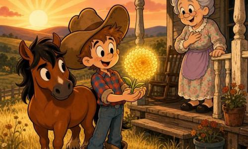 Ein Junge, Benni, 10–12 Jahre, rundes Gesicht, Sommersprossen, zu großer Cowboyhut, rot-blau kariertes Hemd, staubige Stiefel, fröhlich und stolz, glänzende Augen, hält behutsam eine große goldgelbe Blume („Sonnenkugel“), die sanft leuchtet; ein Pony namens Blitz, klein und kräftig, glänzendes rehbraunes Fell, zerzauste Mähne, steht direkt hinter Benni, Ohr zu ihm gedreht, schützend; eine Großmutter, etwa 70–80 Jahre, graue Haare im Dutt, pastellblumenkleid, weiche Falten um die Augen, wartet lächelnd und gerührt auf der verwitterten Holzveranda mit verblassten Blumenkübeln und Schaukelstuhl, eine Hand auf der Brust; im Vordergrund eine goldene Wiese, im Hintergrund Dämmerungshimmel mit orangenen Strahlen und rosa Wolken; Hauptsituation: Benni reicht die leuchtende Blume seiner Großmutter bei Sonnenaufgang, warme, zärtliche Stimmung, klare Komposition, weiche Kontraste, warme Farben (Gelb, Orange, Braun), runde expressive Formen, einfache Schatten und dicke schwarze Konturen.