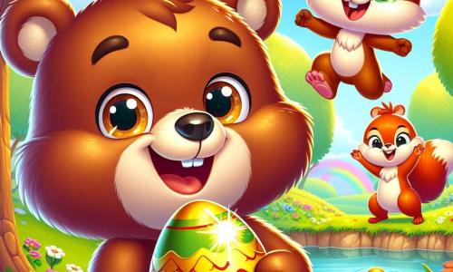 Ein kleiner brauner Bär namens Bruno mit einem weichen Fell und funkelnden Augen steht am Ufer eines wunderschönen Teichs und hält ein goldenes Osterei in seinen Pfoten. Er lächelt breit, voller Aufregung und Stolz. Neben ihm springt ein kleines Eichhörnchen namens Mia mit rotem Fell und schelmischen Augen vor Freude, ihre kleinen Pfoten in die Luft erhoben. Ein kleiner Vogel namens Max mit gelben Federn und einem spitzen Schnabel sitzt auf einem Ast direkt über ihnen, singt fröhlich und schaut bewundernd auf das Ei. Die Szenerie zeigt eine charmante Frühlingslandschaft: bunte Blumen blühen um den Teich, Sonnenstrahlen filtern durch die Blätter der Bäume, und ein Regenbogen funkelt am blauen Himmel. Die Hauptsituation zeigt Bruno und seine Freunde, die ihren Erfolg feiern, nachdem sie das goldene Ei gefunden haben, umgeben von der Schönheit der Natur, bereit, gemeinsam Ostern zu feiern.