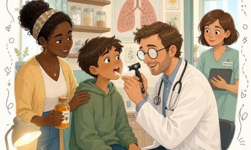 Médico hombre de 35-45 años, sonriente pero concentrado, rostro suave con gafas redondas empañadas, bata blanca algo arrugada, con otoscopio/linterna en una mano y estetoscopio al cuello; niño de unos 11 años, pelo castaño corto, mochila en el suelo, algo inquieto pero tranquilo, sentado en la silla de examen con la boca abierta; madre de 35-40 años, pelo recogido, aliviada, de pie a la izquierda con la mano en el hombro del hijo y una pequeña botella de miel en la otra; enfermera mujer de unos 30 años, pelo corto y sonriente, en el marco de la puerta a la derecha con una tablet lista para ayudar; consulta médica cálida y colorida con paredes crema, pósteres de anatomía estilizados, estanterías de madera con frascos y juguetes, cortina con motivos, lámpara cálida y ventana que deja entrar luz suave; escena principal: examen calmado y reconfortante del médico auscultando la garganta del niño mientras la madre vela y la enfermera observa, atmósfera amable, texturas suaves y paleta pastel, plano cercano medio-busto centrado en el trío con luz cálida en los rostros.