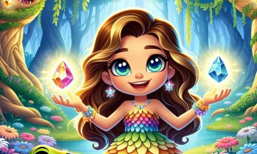 Elara, o fetiță de 10 ani, stă în centrul imaginii, cu părul lung ondulat și ochi strălucitori ca stelele. Poartă o rochie colorată din petale de flori, iar fața ei exprimă o determinare veselă în timp ce ține în mâini trei cristale strălucitoare. Lângă ea, o broscuță verde, cu ochi rotunzi și jucăuși, sare de bucurie, exprimându-și entuziasmul pentru aventură. În fundal, un dragon prietenos, cu solzi aurii, zâmbește ușor, cu aripile mari strânse în spate, în timp ce o bufniță înțeleaptă, așezată pe o ramură, observă scena cu ochi jucăuși. Decorul este o pădure fermecată, plină de copaci majestuoși cu trunchiuri groase și frunze strălucitoare, luminată de razele soarelui care pătrund prin frunziș. Flori multicolore acoperă solul, iar un lac strălucitor se află în apropiere, reflectând cerul albastru și norii pufoși. Situația principală o arată pe Elara, pregătită să folosească cristalele magice pentru a rupe blestemul care apasă asupra Regatului Verde, înconjurată de noii săi prieteni, toți uniți în această misiune de a aduce culoarea și bucuria în lumea lor.