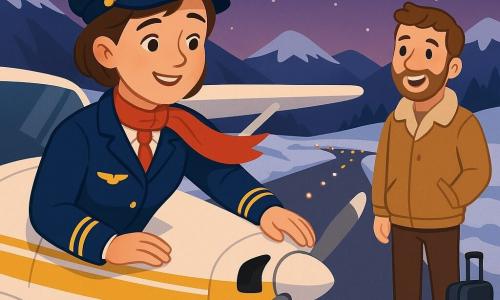 Female pilot (Captain Ellie), ~32, smiling with bright eyes, short brown hair under a pilot cap, navy flight jacket with gold insignia, red scarf fluttering, hand on the dashboard and gently caressing her small white-and-yellow single-engine plane; male co-pilot (Sam), ~30, cheerful with light beard, beige aviator coat, standing by the right wing smiling at the pilot with a light suitcase at his feet; snowy mountain runway at dusk with gray asphalt, snow-covered edges, orange approach lights, dark mountains, violet starry sky and a slim silver moon; scene shows the plane just landed, slightly tilted on the runway, the two characters interacting warmly, calm atmosphere, soft lighting from approach lights and moon, bright contrasting colors, clear simple shapes and subtle shadows, wide framing including plane, characters and night landscape.