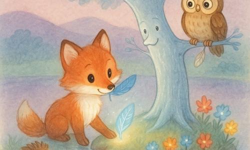Ein kleiner roter Fuchs mit weichem glänzendem Fell, weißer Brust und neugierigen großen Augen lächelt schüchtern, stellt eine Pfote auf eine winzige Insel und hält eine blau leuchtende Feder im Maul; in der Inselmitte steht ein silberner Baum mit glattem, papierartig schimmerndem Stamm, leicht geneigt und wohlwollend, rechts auf einem niedrigen Ast sitzt eine braune Eule mit großen runden Augen und einer kleinen Feder in den Fängen, links am Ufer steht ein alter Igel mit runden braunen Stacheln, der mit der Schnauze den Weg zeigt; die Insel liegt in einem spiegelglatten See, der bunte phosphoreszierende Blumen (Rot, Blau, Gelb) am Ufer reflektiert, unter violett-rosa Dämmerungshimmel und samtigen Hügeln im Hintergrund — der Fuchs entdeckt den „geheimen Ort“, Stimmung: ruhiges Staunen, sanftes Leuchten, zentrierte Komposition auf den Fuchs gegenüber dem silbernen Baum, serene magische Atmosphäre.