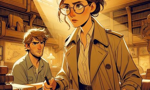 Een vrouwelijke detective, Lotte, ongeveer 30 jaar oud, met bruin haar in een knot en ronde bril, toont een intense vastberadenheid op haar gezicht. Ze draagt een beige trenchcoat en houdt een notitieboekje in één hand terwijl ze aandachtig naar een oude zeekaart kijkt. Naast haar staat een man van rond de dertig, Tom, met rommelig blond haar en een casual t-shirt, die Lotte met een bezorgde uitdrukking aankijkt, alsof hij vreest voor wat ze gaan ontdekken. Op de achtergrond is er een oude maritieme bibliotheek met houten boekenplanken vol oude boeken, zeekaarten aan de muren en een gouden licht dat door de stoffige ramen filtert. De hoofdscène toont Lotte en Tom die een mysterieuze kaart ontcijferen die hen naar de waarheid over de verdwijning van Emma zou kunnen leiden, omgeven door een sfeer van spanning en avontuur.