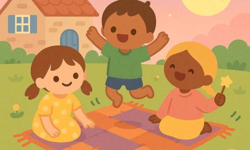 Ci sono 3 personaggi: Lina, bambina di circa 7 anni con capelli castani raccolti in codini, vestito giallo a pois bianchi, seduta a sinistra sul tappeto volante che sorride accarezzando il tessuto; Marco, ragazzo di circa 8 anni con capelli castano corti e maglietta verde, al centro in piedi sul tappeto che salta di gioia con le braccia in alto; Sara, bambina di circa 6 anni con capelli biondi in treccia e maglione rosa, seduta a destra che ride tenendo una piccola bacchetta di legno decorata. Luogo: un piccolo giardino di paese al crepuscolo con erba verde, fiori tondi colorati, una casa in pietra con persiane blu sullo sfondo e qualche nuvola rosa e una luna sorridente in cielo. Situazione principale: un vecchio tappeto volante polveroso, patchwork arancione e viola con frange, che fluttua a pochi centimetri dal suolo; i tre bambini ridono mentre il tappeto tremola e fa piccoli salti comici, atmosfera fiabesca e allegra, colori saturi e forme semplici e tonde.