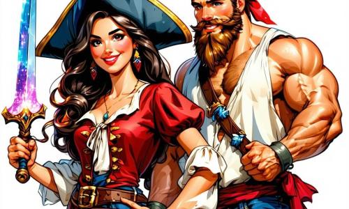 La escena representa a la capitana Sofía, una mujer valiente de unos treinta años, con cabello largo y ondulado, que lleva un sombrero de pirata adornado con una pluma colorida. Su rostro expresa determinación y emoción mientras empuña una espada brillante, lista para enfrentar el peligro. A su lado está Lucas, un hombre musculoso de unos 35 años, con barba roja y un pañuelo en la cabeza, que se sostiene firmemente en el timón del barco, con los ojos fijos en el horizonte, preparado para navegar hacia la aventura. Marina, una joven de unos 25 años, con cabello corto y un uniforme de marinero, examina un mapa del tesoro, con aire concentrado, sentada en la cubierta junto a Sofía. El lugar de la escena es la cubierta del barco "La Liberté", un barco de madera robusto, con velas blancas hinchadas por el viento. Al fondo, se ve un cielo azul salpicado de nubes blancas, mientras olas brillantes se estrellan contra el casco del barco, evocando la emoción de una aventura en el mar. La situación principal muestra a Sofía y su tripulación preparándose para enfrentar al temible capitán Garfio, mientras divisan su barco a lo lejos, señalando el comienzo de una batalla épica por recuperar el tesoro robado.