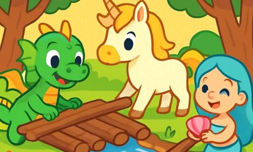 Un piccolo drago di nome Lumo, con squame verdi brillanti e occhi scintillanti di gioia, sta costruendo un ponte di legno sopra un ruscello. Sorride con entusiasmo, con le sue piccole ali spiegate dietro di lui. Accanto a lui, Nori, un maestoso unicorno con crini dorati scintillanti, osserva con determinazione, i suoi grandi occhi blu pieni di orgoglio. Spinge rami con le sue delicate zampe, pronta ad aiutare il suo amico. Silla, una sirena con squame argentate, si trova vicino al ruscello, tenendo una conchiglia rosa, il suo viso radioso di felicità. Sorride incoraggiando i suoi amici a lavorare insieme. Il luogo è un magnifico bosco verdeggiante, con alberi dai tronchi spessi e foglie brillanti sotto il sole. Il ruscello canta dolcemente, serpeggiando tra le pietre lisce e i fiori colorati che bordano le sue rive. La scena principale mostra Lumo, Nori e Silla uniti in uno sforzo gioioso per costruire il loro ponte, illustrando l'importanza dell'uguaglianza e della collaborazione, con colori vivaci e espressioni felici sui loro volti.
