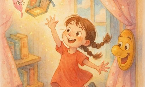 Niña de 8 años con coletas castañas, cara redonda con pecas, ojos grandes y sonrisa traviesa; sostiene una pluma rosa brillante y salta para alcanzar un libro alegremente decorado. Una pluma rosa personificada flota sobre su palma, lleva pequeñas gafas y un minúsculo sombrero y emite un suave resplandor. Un libro viejo y rechoncho, cubierto de pegatinas coloridas y con cordón azul, se abre en una página que contiene un bolsillo brillante para la pluma. Un gran pomo de puerta animado sonríe y parpadea junto a la niña, apoyado en el alféizar de una ventana-carrusel. El escenario es un carrusel hecho de ventanas apiladas: marcos de madera pintada, vidrios que reflejan nubes, cortinas de lunares que ondean y farolillos de papel; texturas lavadas y colores pastel acuarela. La escena muestra a la niña saltando de ventana en ventana en el carrusel, la pluma lista para insertarse en el libro saltarín, con cortinas danzantes y pequeñas chispas mágicas; composición dinámica, perspectiva en ligera picada, atmósfera lúdica y absurda.