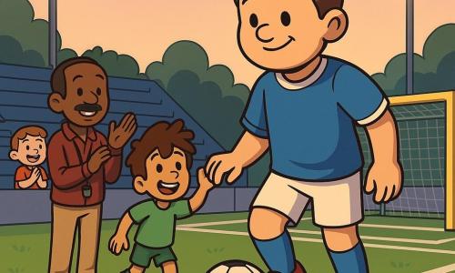 Luca, uomo sorridente e sicuro, capelli corti castani, maglia blu, scivola dribblando dolcemente un pallone bianco e nero vicino alla linea del campo; a sinistra Marco, circa 10 anni, allegro con capelli spettinati e maglia verde, alza la mano per ricevere la palla; un allenatore quarantenne con baffetti, fischietto e applausi osserva dalla linea; sugli spalti un bimbo di circa 5 anni applaude sorridendo; campo da calcio all'aperto al crepuscolo, erba verde curata, linee bianche nette, pali e fari gialli che diffondono luce calda, cielo rosa pallido; atmosfera calma e cooperativa, colori vivaci, contrasti netti, texture lisce in cel-shading.