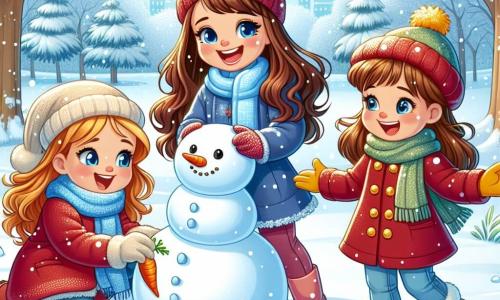 Tres niñas alegres, de aproximadamente 8 años, están en un parque nevado. Lucía, con largos cabellos castaños y una gran sonrisa, lleva un abrigo rojo brillante y un gorro a juego. Ella está en el centro, sosteniendo una zanahoria para la nariz de un muñeco de nieve. A su derecha, Sofía, con cabello rubio y rizado, viste un abrigo azul y guantes amarillos, riendo mientras lanza una bola de nieve. A la izquierda, Mariana, con cabello castaño y una bufanda verde, está agachada recogiendo piedras para los ojos del muñeco de nieve. El parque es un paisaje mágico, con árboles majestuosos cubiertos de una gruesa capa de nieve brillante, y copos de nieve cayendo suavemente del cielo azul claro. El suelo es una alfombra blanca inmaculada, salpicada de huellas y risas de niños. Las niñas están construyendo un muñeco de nieve, riendo y divirtiéndose juntas, creando un momento de magia invernal, rodeadas de la belleza tranquila del invierno.