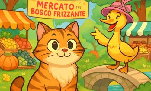 Un gatto dal pelo setoso e striato, chiamato Micio Panciapiena, con una grande pancia tonda e occhi scintillanti di curiosità, si trova al centro dell'immagine, con un'aria affamata e intrigata. Guarda intorno a sé, con la coda avvolta attorno alle zampe, mentre un leggero sorriso si disegna sul suo volto. Alla sua destra, la signora Anitra, un'elegante anatra femmina con piumaggio dorato e un cappello rosa decorato con piume, si trova su un piccolo ponte, ridendo gioiosamente e indicando il mercato. Sullo sfondo, il mercato del Bosco Frizzante è animato, con banchi colorati pieni di frutta, verdura e deliziose pasticcerie. La scena è illuminata dalla luce del sole, con alberi verdi e fiori brillanti tutt'intorno. Micio Panciapiena, affamato e curioso, si prepara a scegliere tra il mercato e la casa della volpe Zuccherella, attratto dal profumo invitante delle torte di pesce.