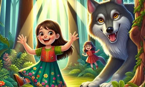 Uma menina de 4 anos, chamada Luna, com longos cabelos castanhos e olhos brilhantes de curiosidade, está alegremente no centro da cena. Ela usa um vestido colorido com padrões de flores e um grande sorriso no rosto, mostrando seu entusiasmo em explorar a floresta. Ao seu lado, o Grande Lobo Mau, um lobo majestoso com pelagem cinza e olhos dourados, está ligeiramente curvado, exibindo uma expressão amigável e curiosa, como se estivesse pronto para brincar. A cena ocorre em uma floresta mágica, cheia de árvores com troncos grossos e folhagens verdes, onde flores coloridas crescem em cada canto. Raios de sol passam pelas branches, iluminando o chão coberto de folhas. Luna e o Lobo se preparam para brincar de esconde-esconde, com Luna se escondendo atrás de uma grande árvore, enquanto o Lobo, com uma pata levantada, conta alegremente até vinte, criando uma atmosfera de camaradagem e magia nesta floresta encantada.